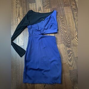bebe Black and Blue One-Shoulder Dress